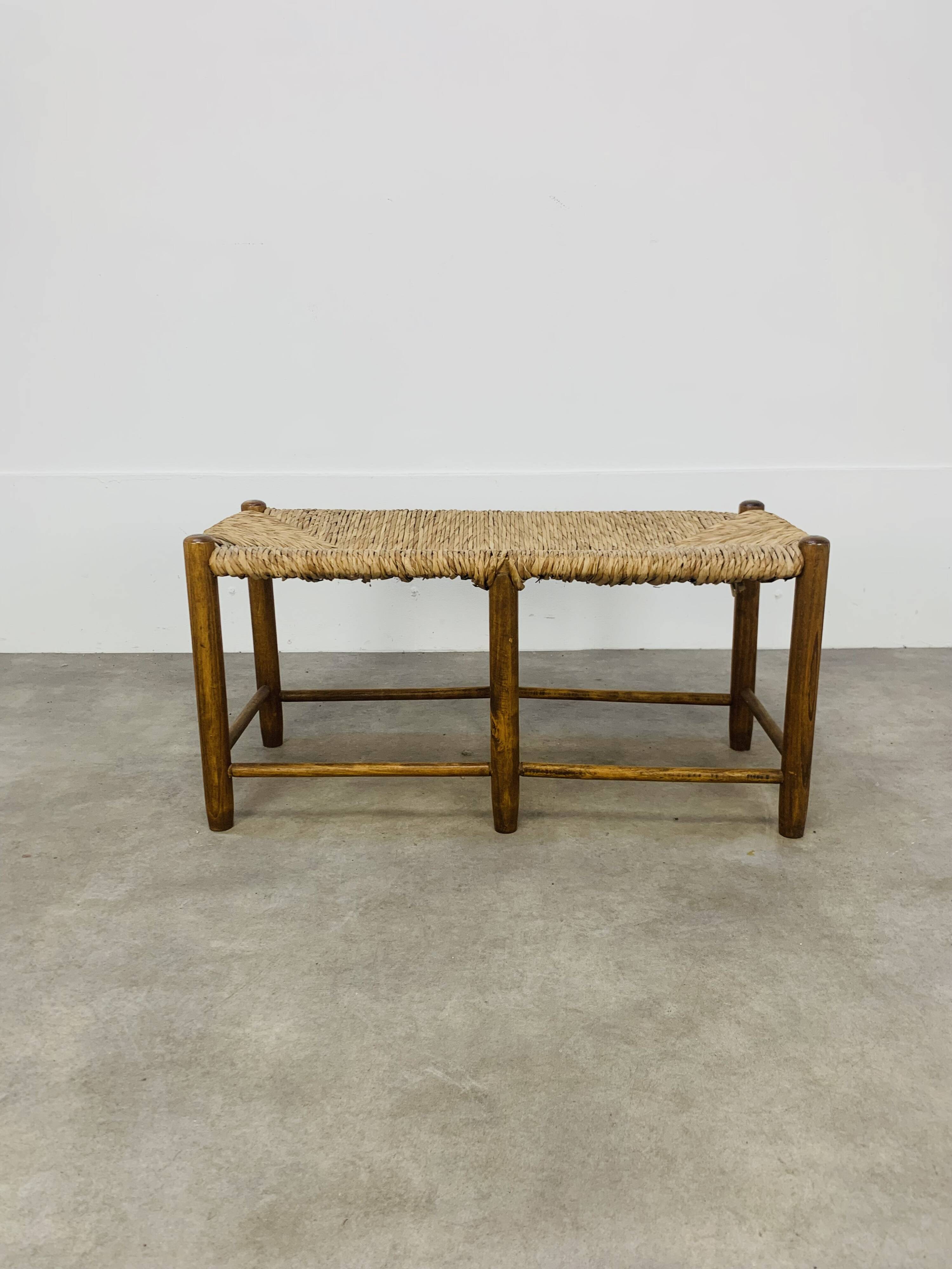 Vintage straw and wood bench, 1960s, country/mountain style