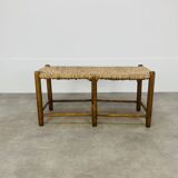 Vintage straw and wood bench, 1960s, country/mountain style
