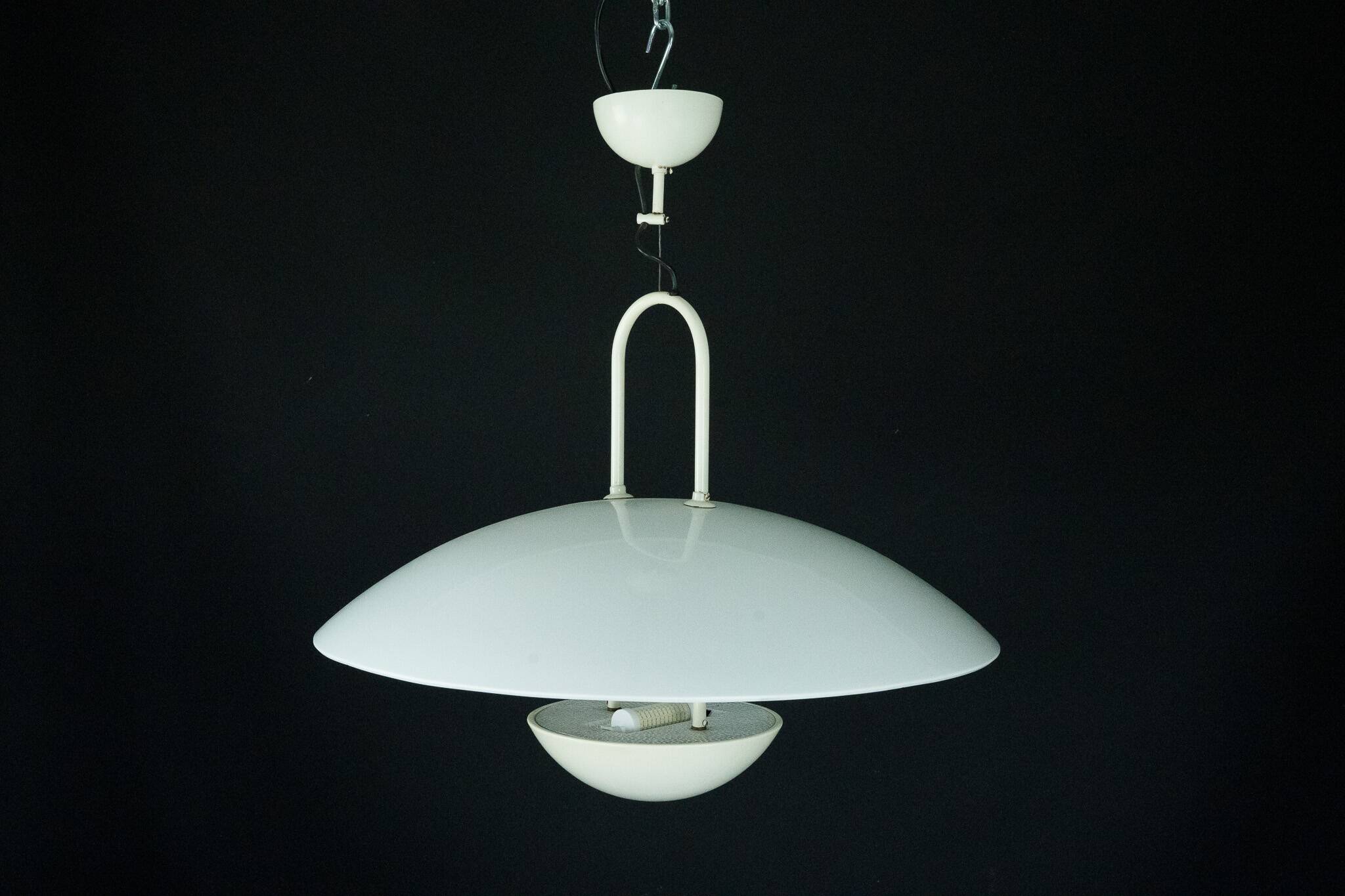 Vintage 1990s White Pendant Lamp with Glass Top Shade. Italy