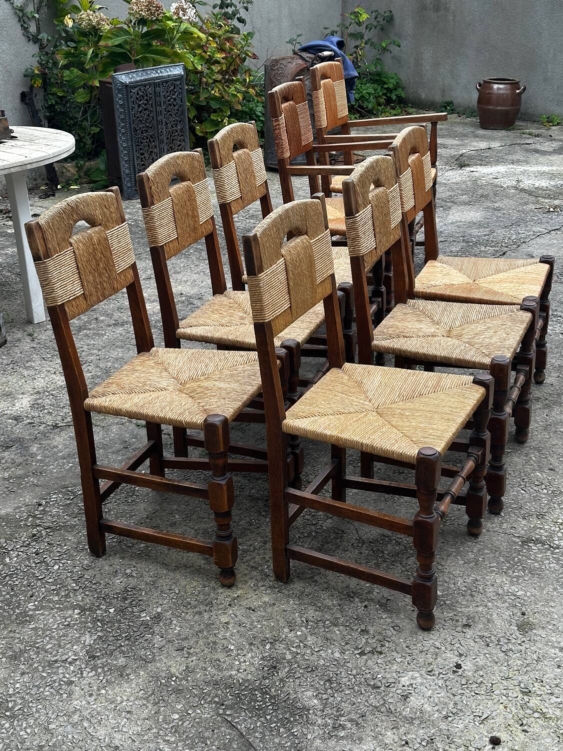 Set of 6 chairs and 2 armchairs, Brutalist style, 1950s