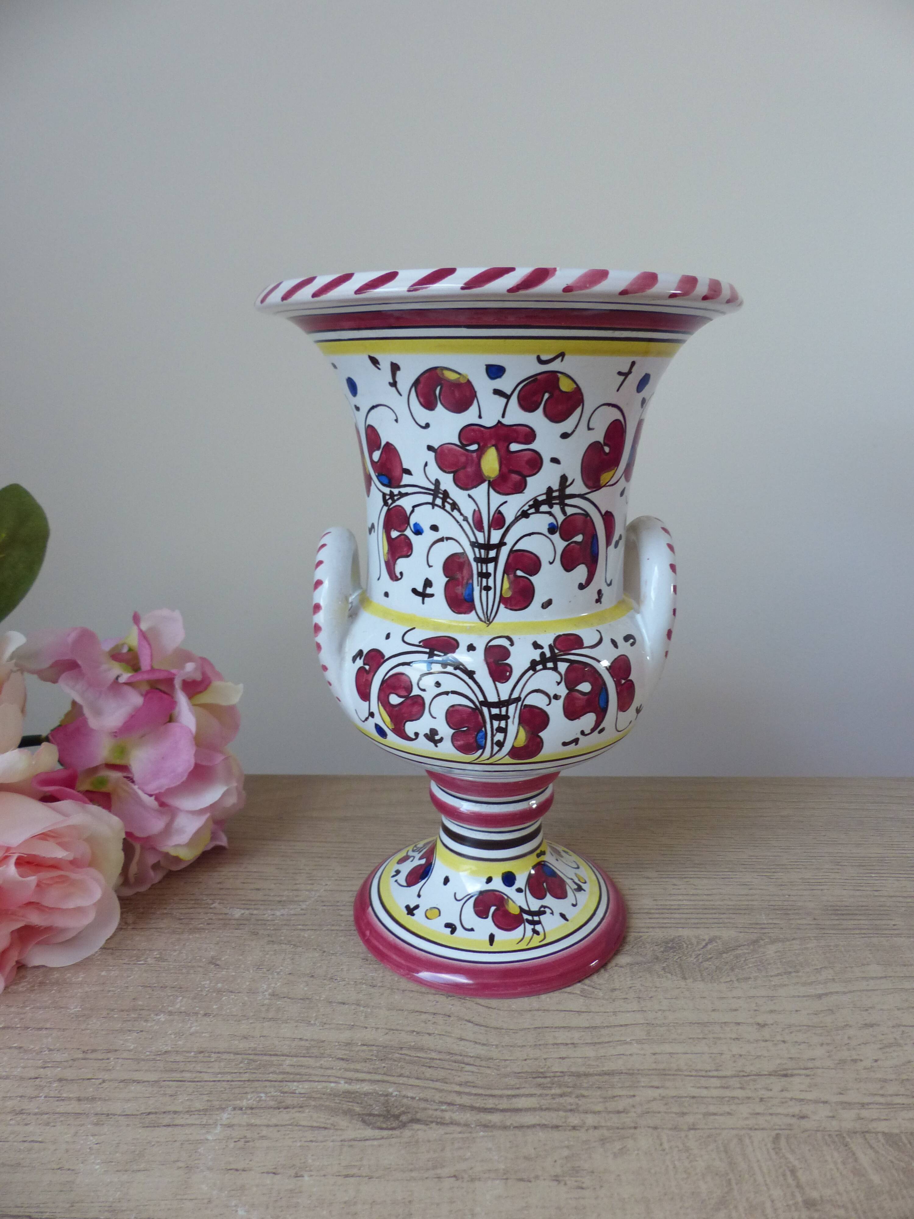 Colorful Ceramic Vase from Italy Deruta l'Antica: Amphora Flowers and Rooster