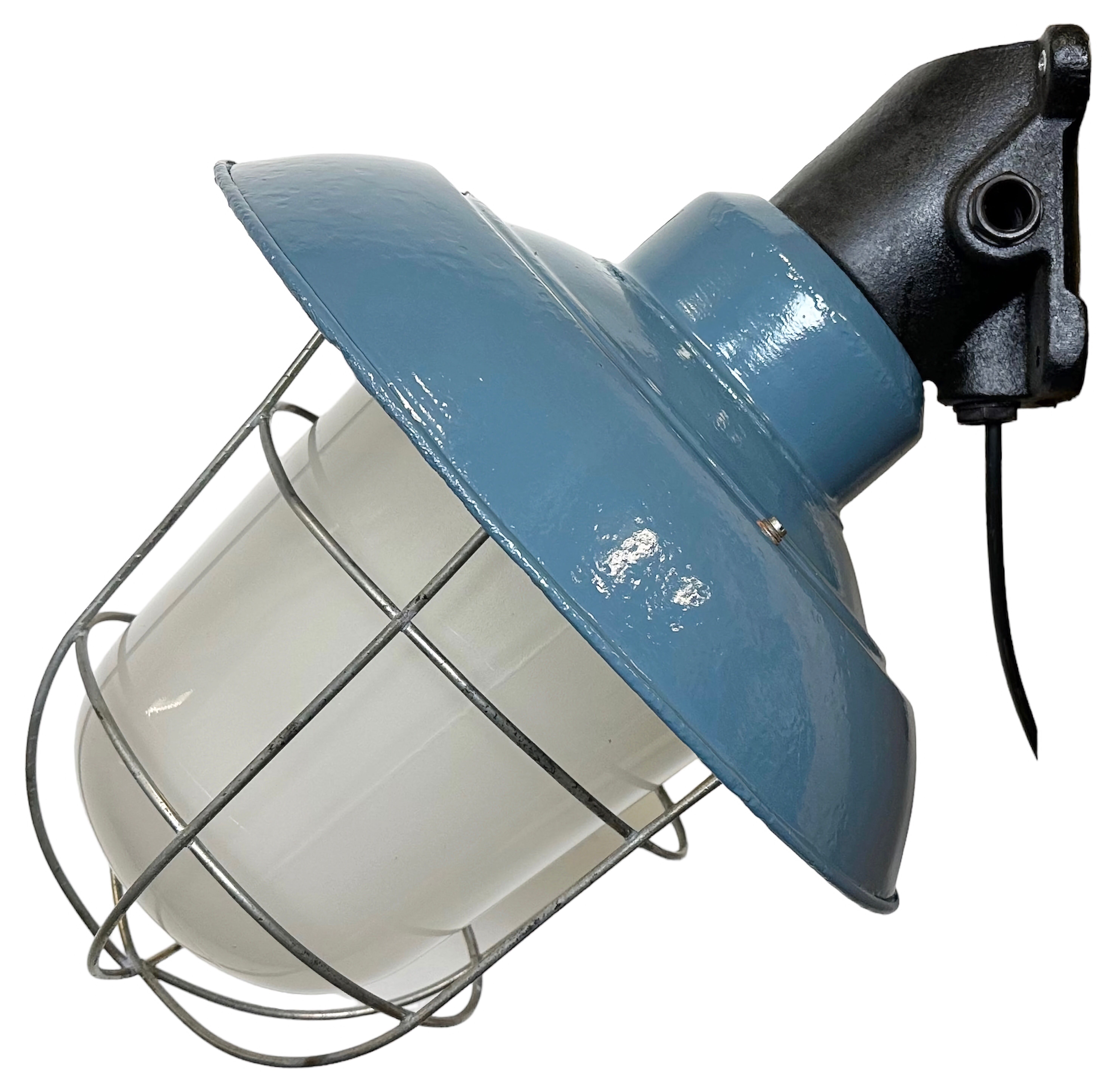 Industrial Blue Painted Factory Wall Cage Lamp from Elektrosvit, 1960s