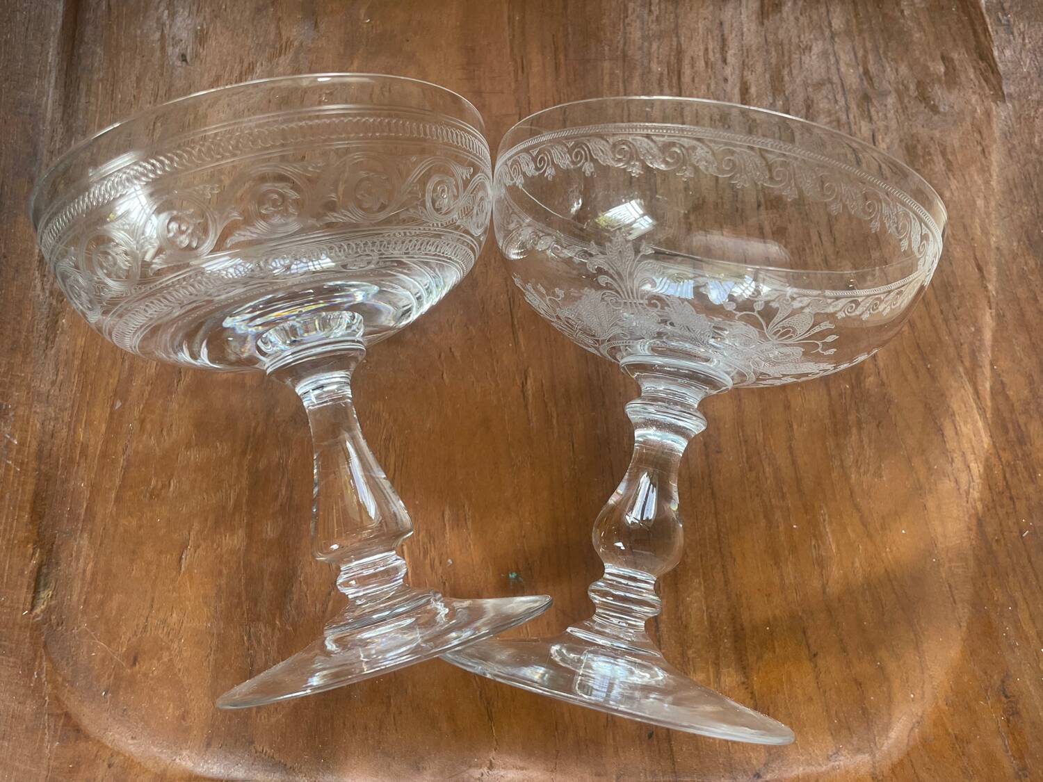 6 Mismatched Engraved Champagne Glasses