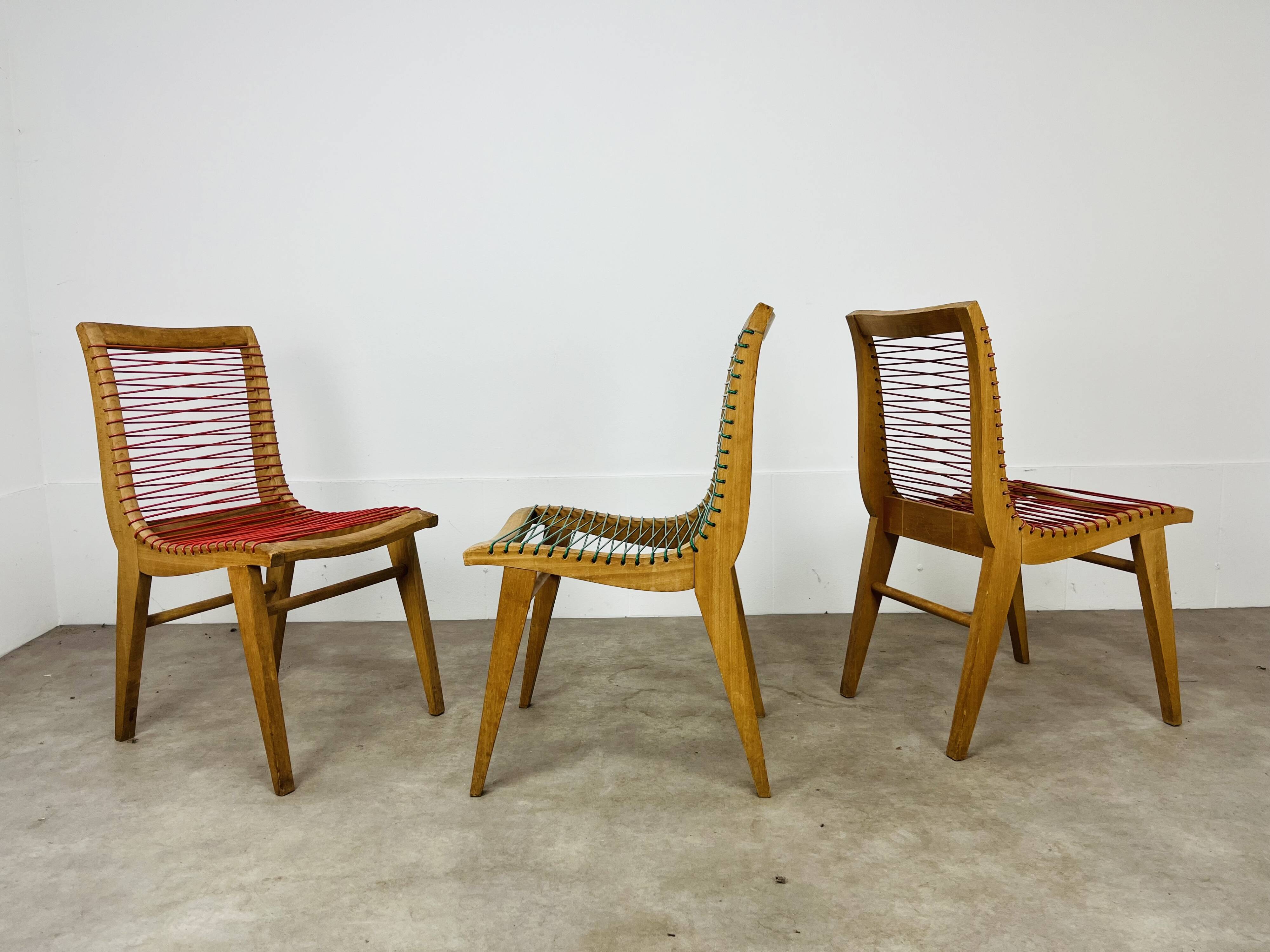 3 Louis Sognot scoubidou chairs from the 1950s