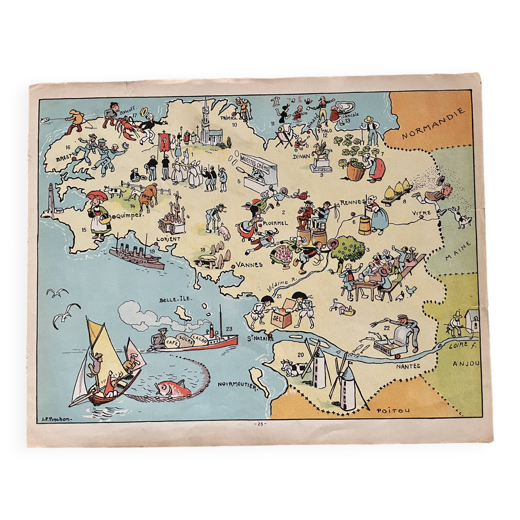 Old poster illustrated map of Brittany 1935 - JP Pinchon