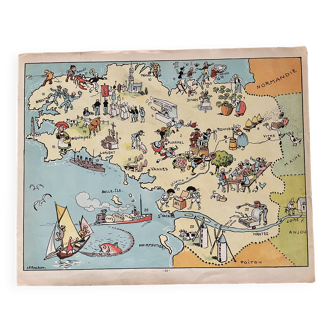 Affiche ancienne carte illustrée de la Bretagne 1935  - JP Pinchon