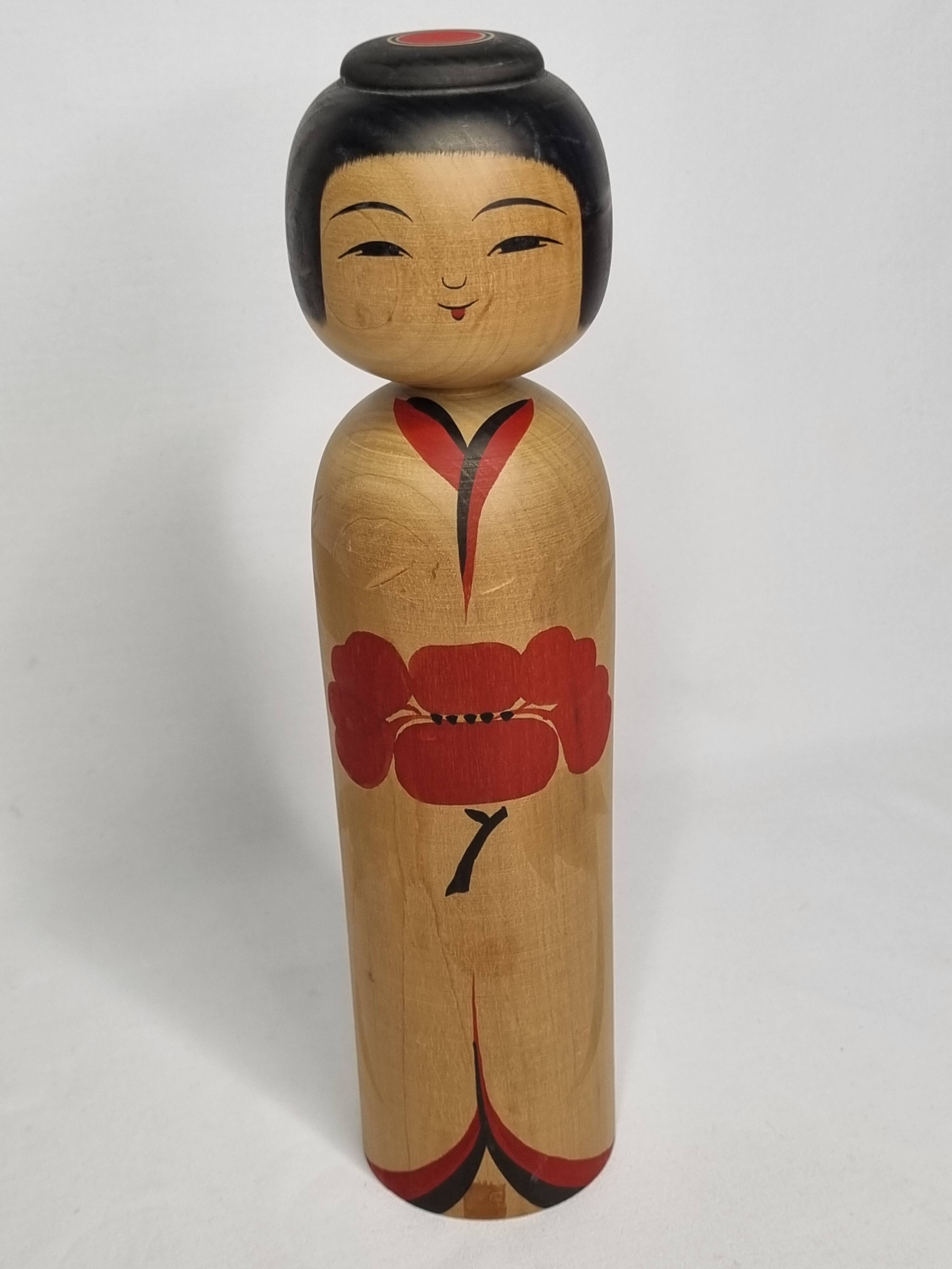 Signed Japanese Kokeshi Doll, Modern Style, Hand Painted Minimalist Decor, 30cm