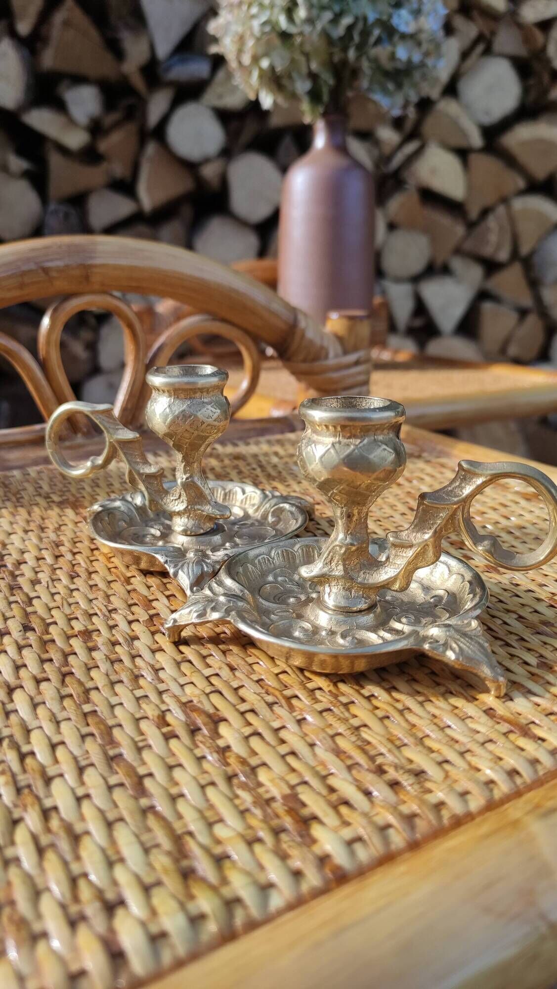 Pair of vintage solid brass candle holders