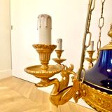 Lustre à 6 bras de lumière en bronze doré de style Empire français, en porcelaine bleu cobalt
