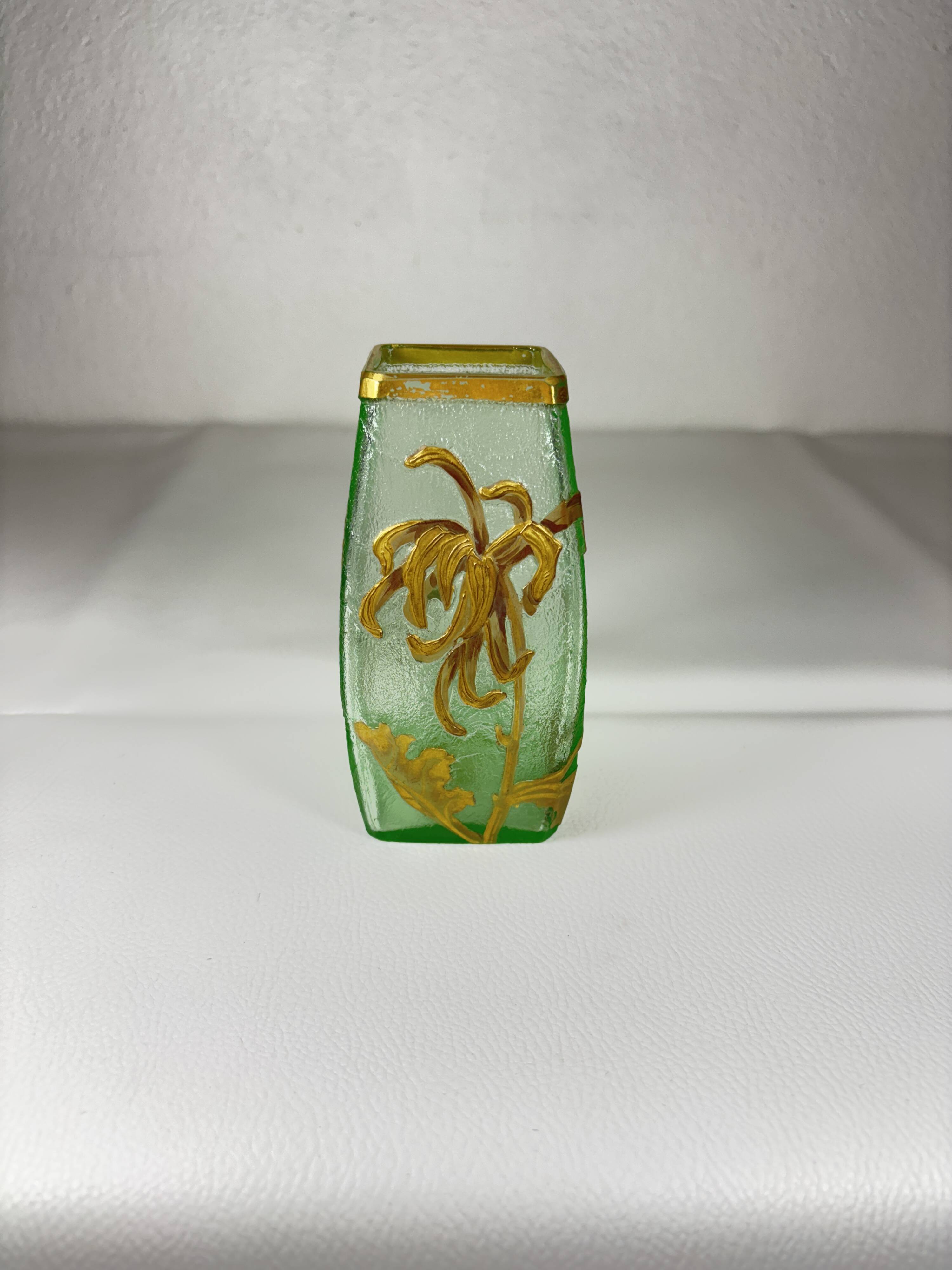 Montjoye Legras vase with frosted green and gold chrysanthemums