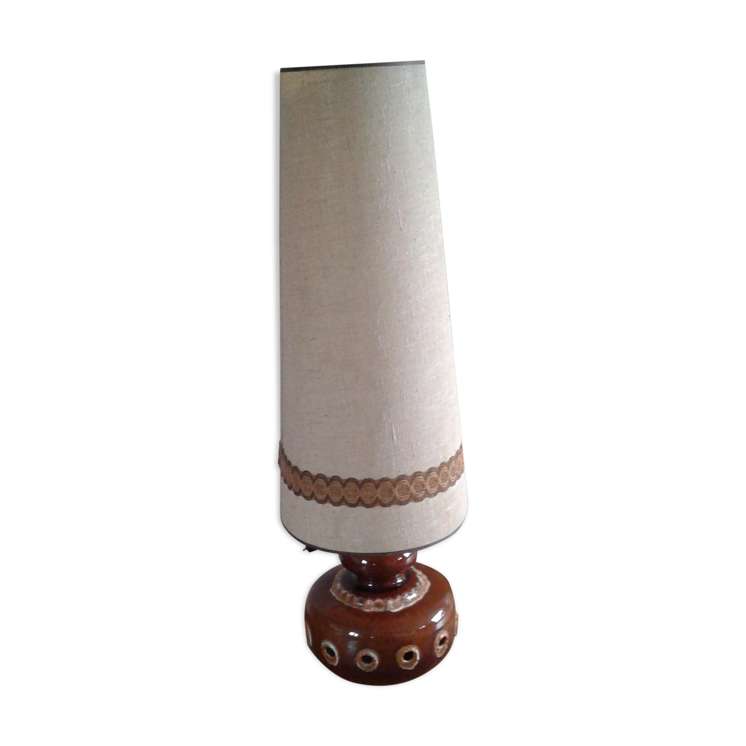 Floor lamp with Fat Lava ceramic foot and fabric lampshade.