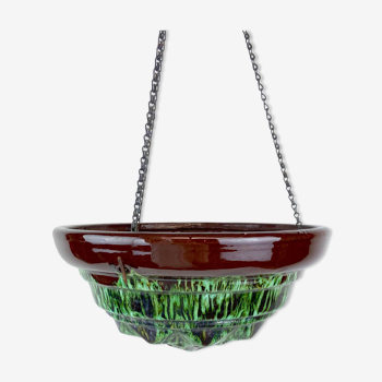 Ancienne vasque coupe pot de fleur à suspendre - forme skyscraper - émail couleur vert jade