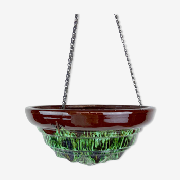 Old basin cup flower pot to hang - skyscraper shape - enamel color green jade