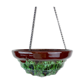 Old basin cup flower pot to hang - skyscraper shape - enamel color green jade