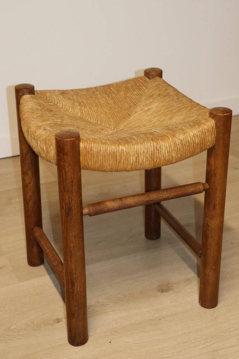 Vintage stool in solid oak and straw, 1960s