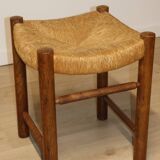 Vintage stool in solid oak and straw, 1960s