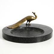 Beautiful, large black granite valet tray featuring a brass peacock, circa