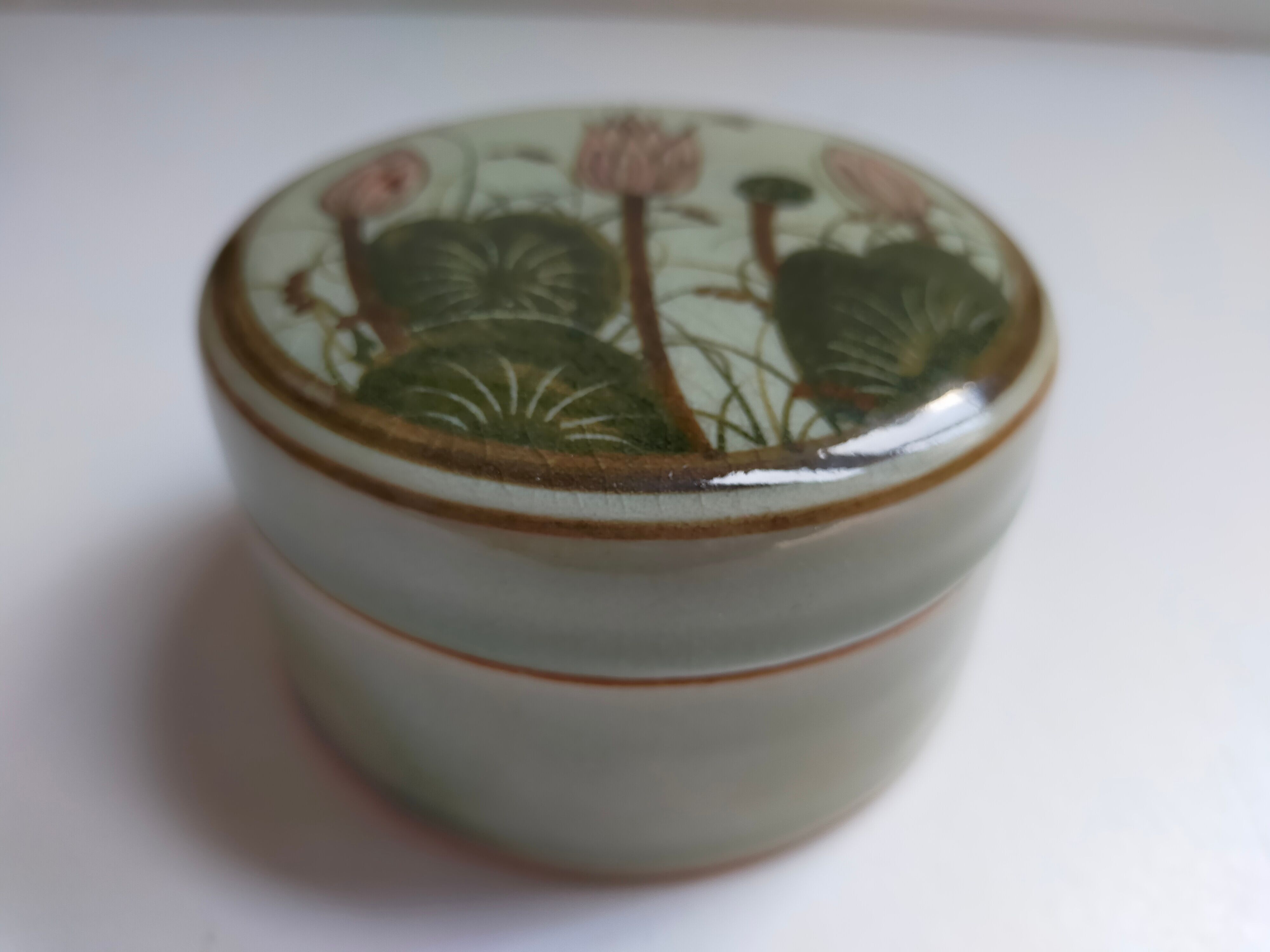 cracked celadon jewelry box signed Siam and numbered handmade lotus flower pattern