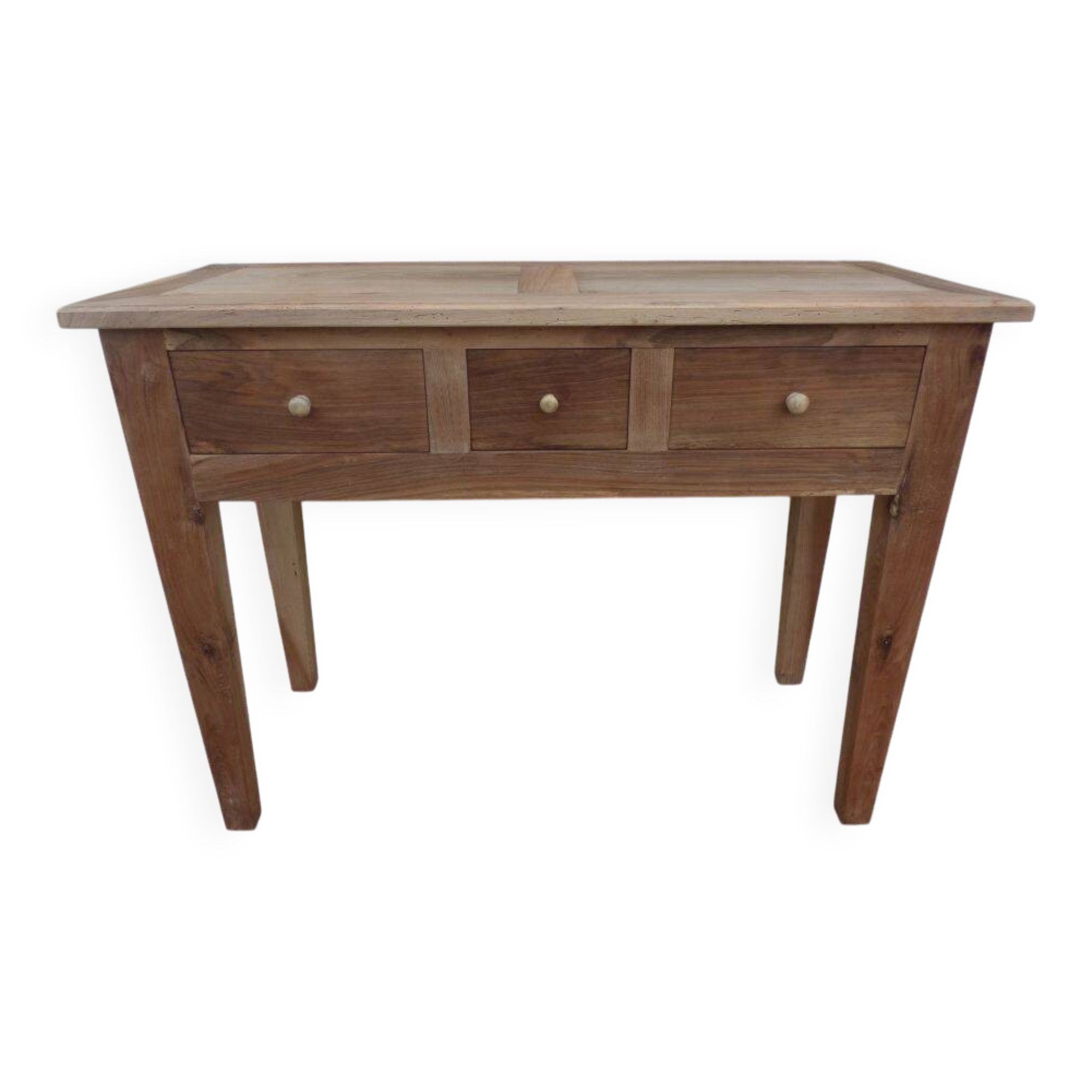 Console in solid walnut with a natural finish, featuring three drawers with a belt.