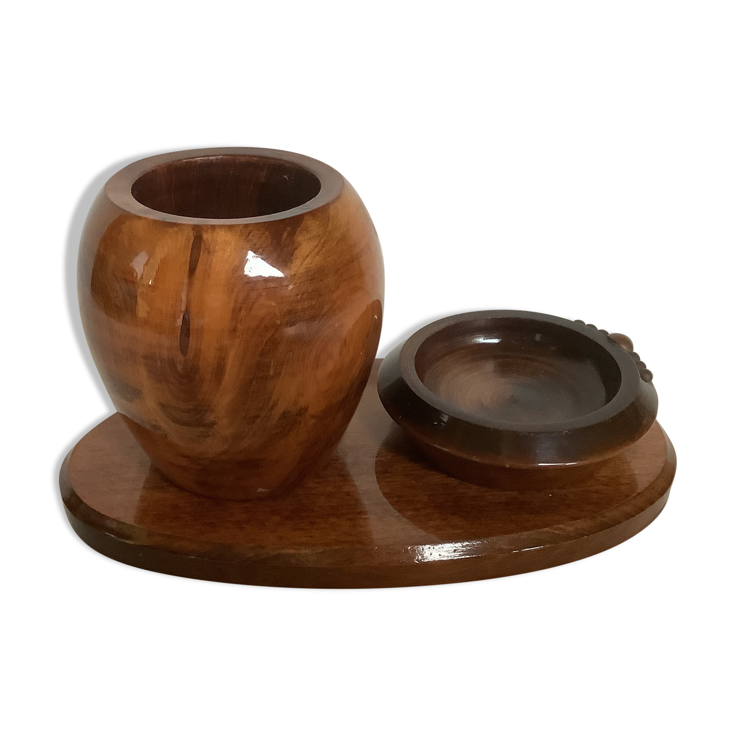 Old brutalist varnished wooden pencil pot