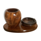 Old brutalist varnished wooden pencil pot