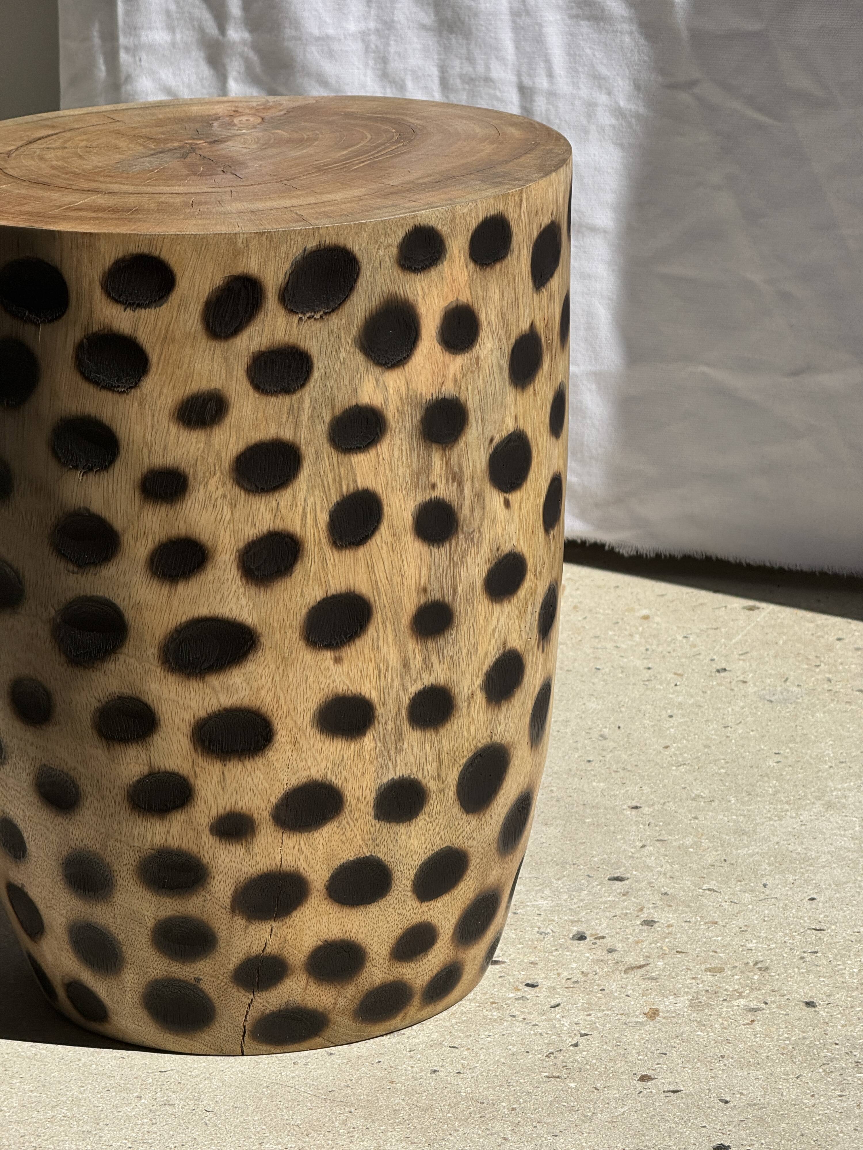 Stool, side table, cylindrical solid mango wood end table.