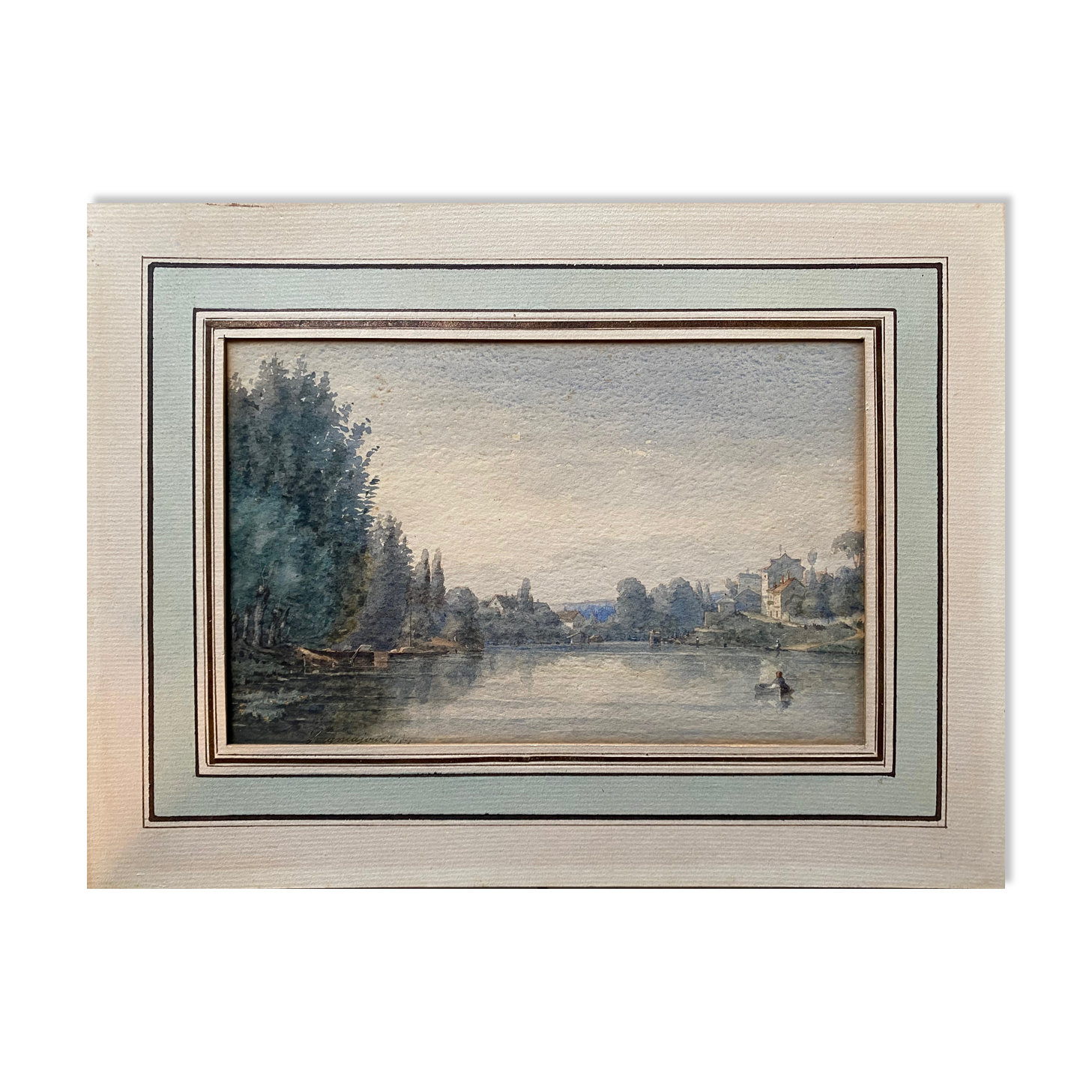 Watercolor painting 1872 "Riverside with fisherman" signed to decipher