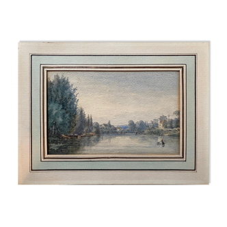 Tableau aquarelle 1872 "Bord de rivière avec pêcheur" signée à déchiffrer