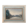 Tableau aquarelle 1872 "Bord de rivière avec pêcheur" signée à déchiffrer