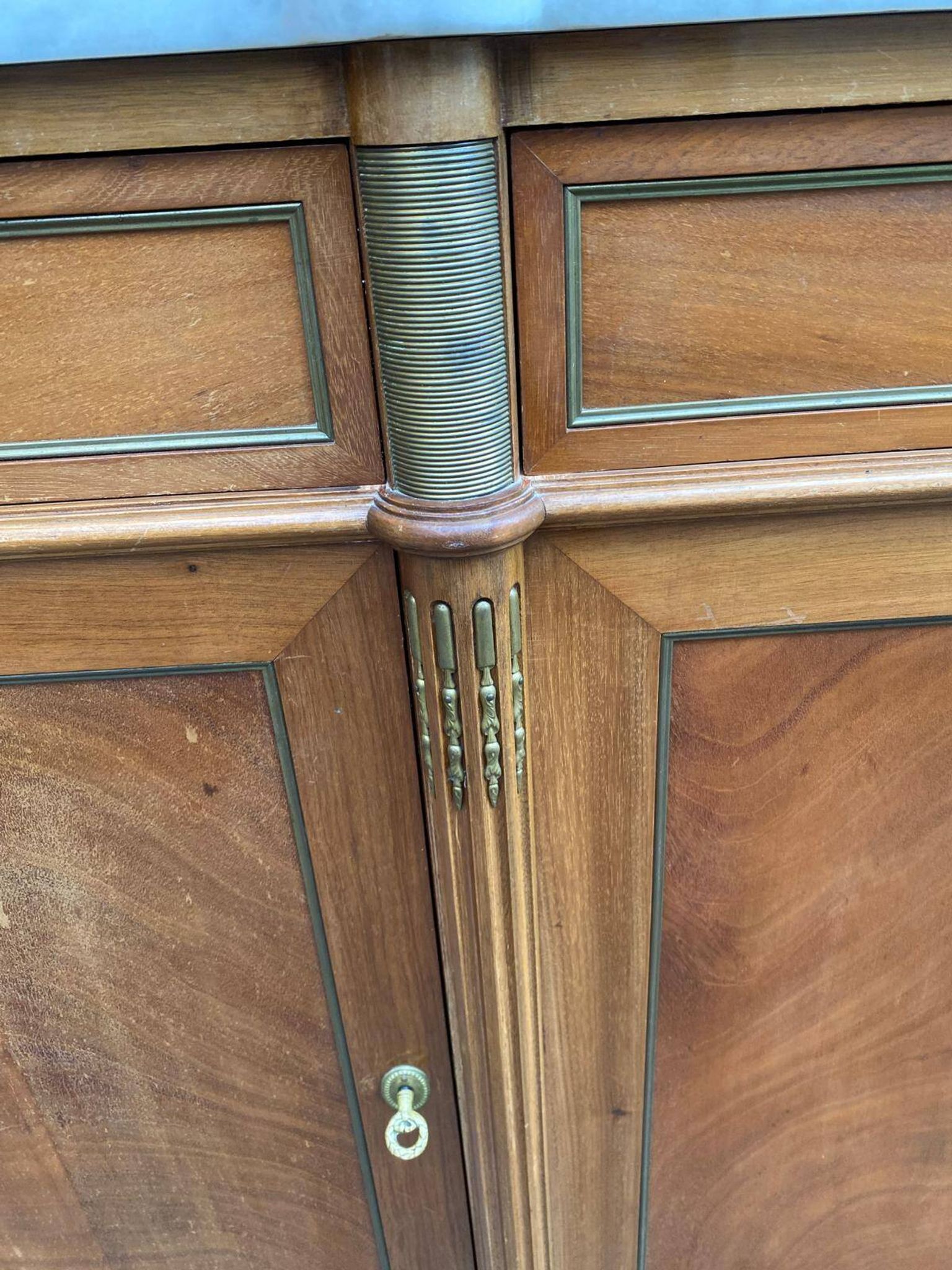 Louis XVI sideboard in solid mahogany with a white marble top, 222cm, 1950.
