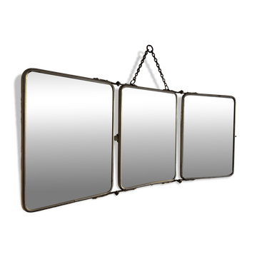 Vintage 1950 triptych mirror barber beveled crystal hairdresser - 25 x 59 cm