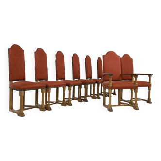 Set of 6 chairs and 2 high-backed armchairs in oak and fabric