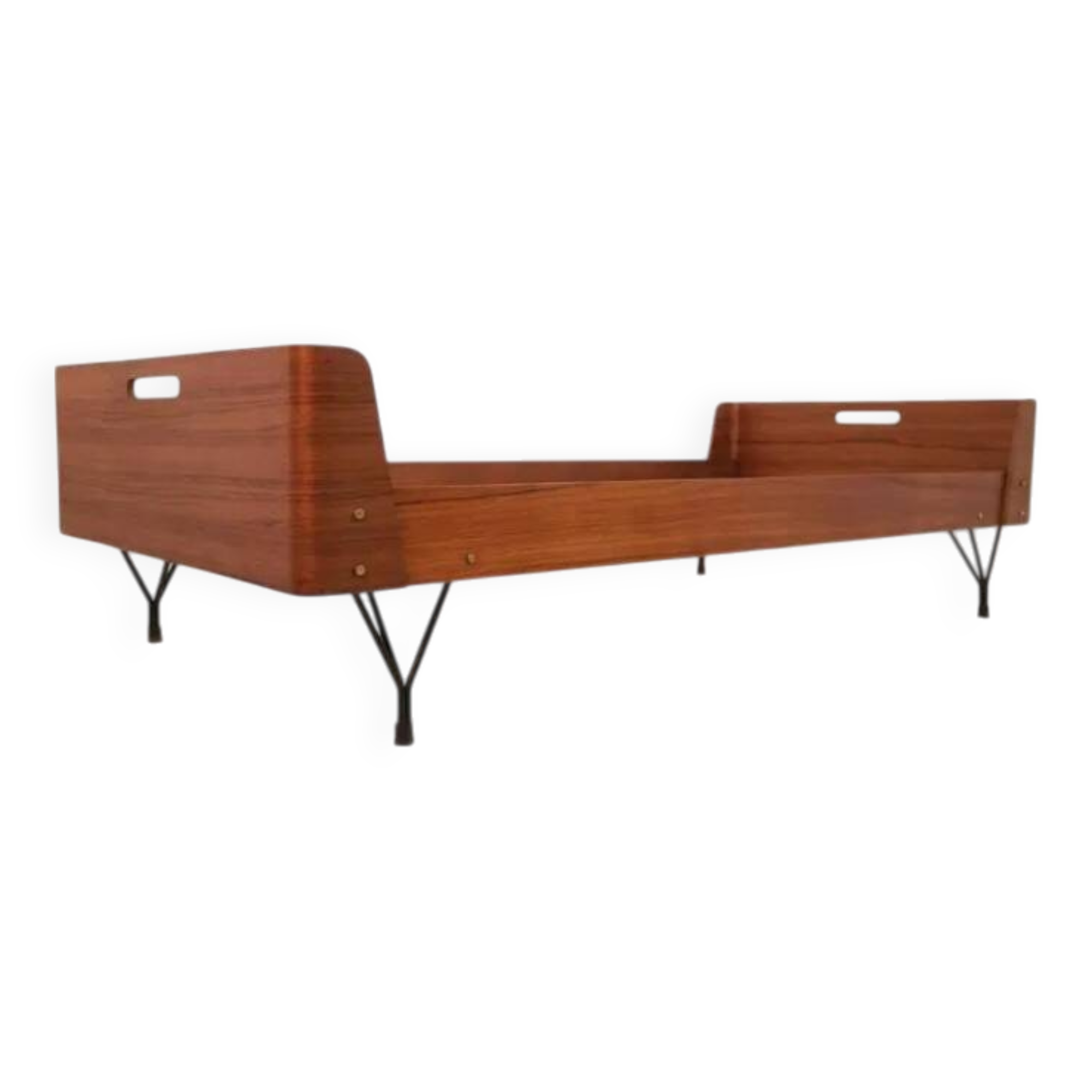 Bed manufacturer Rima, curved teak and painted iron feet, 70s