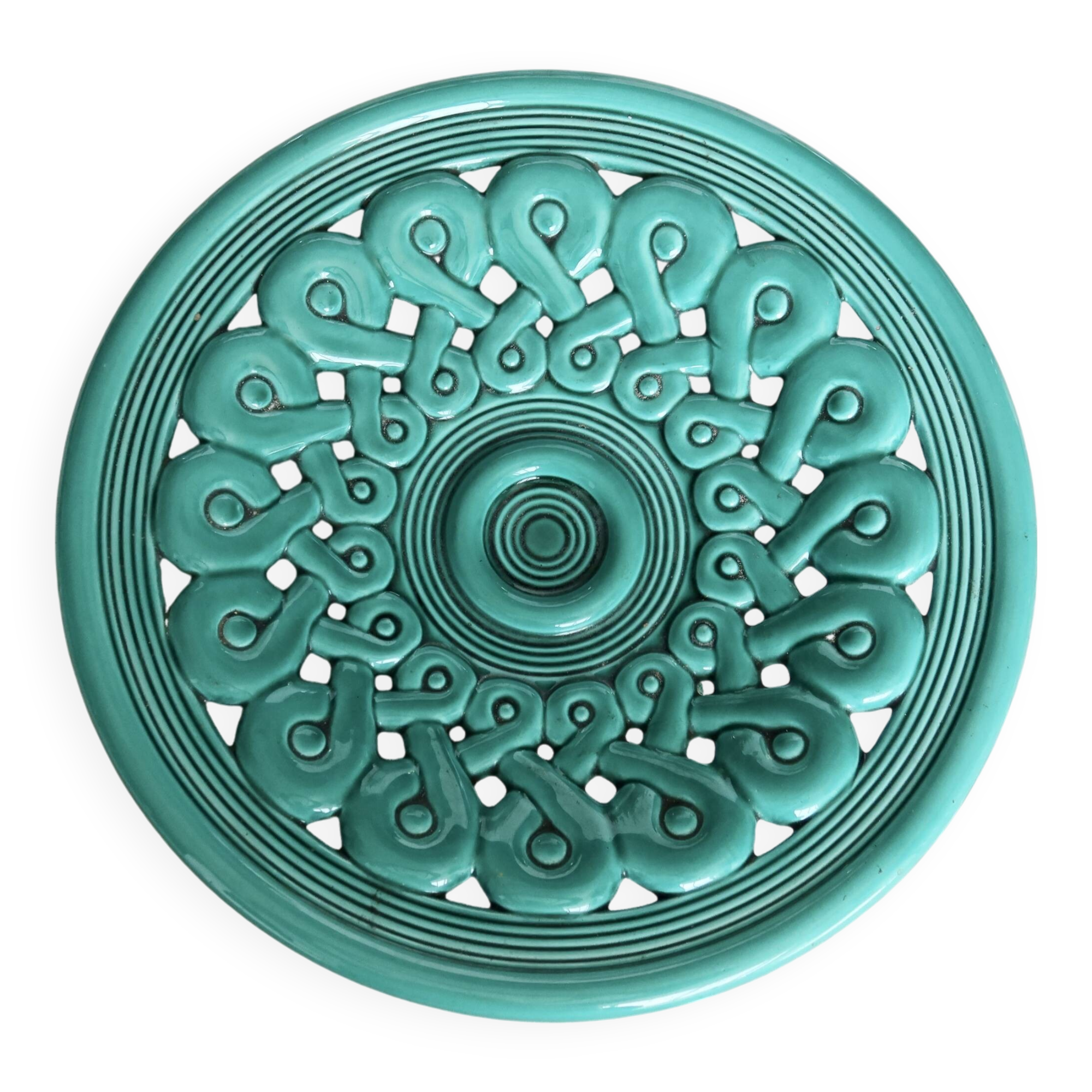 Large vintage turquoise ceramic bowl – Openwork braided pattern