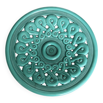 Large vintage turquoise ceramic bowl – Openwork braided pattern