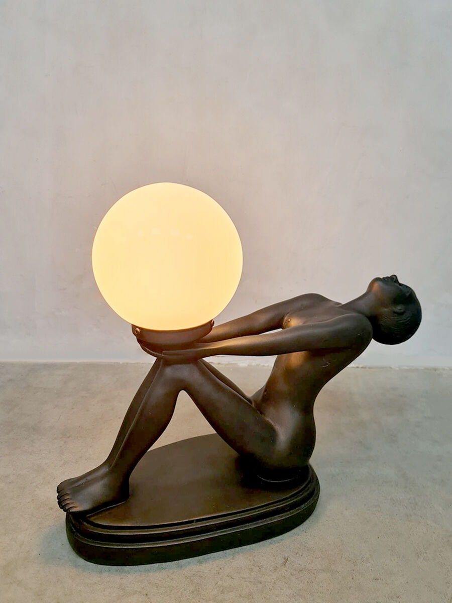 Art deco bronze sculpture lamp lady woman Max Le Verrier
