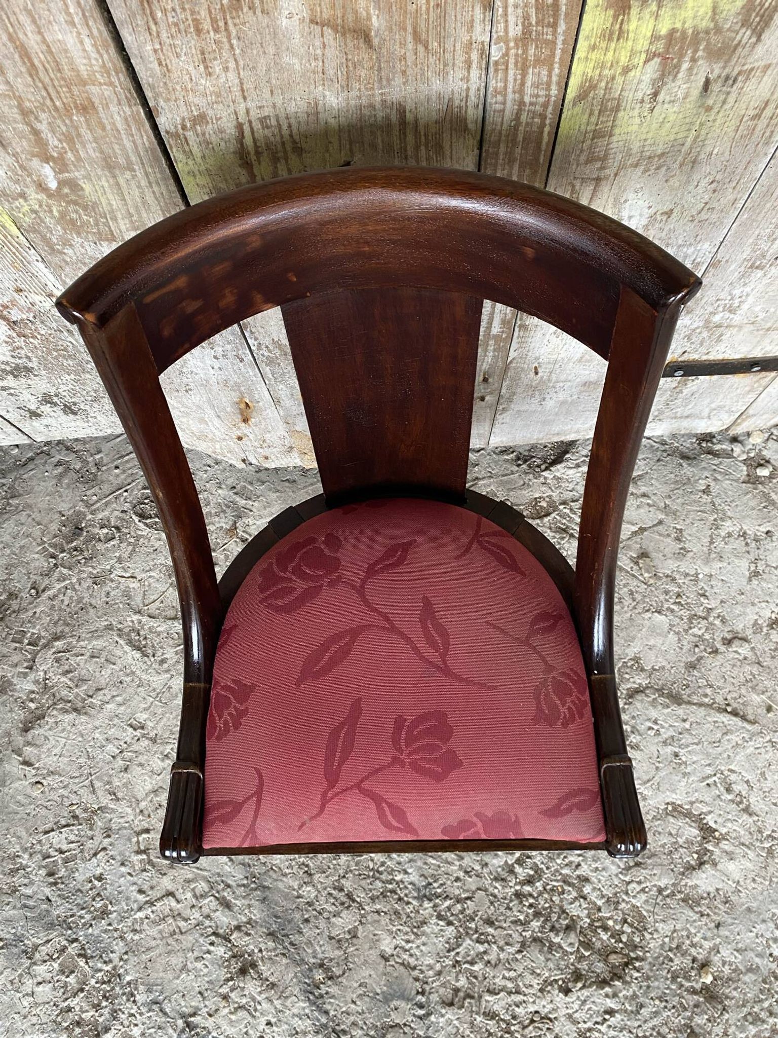 Antique Gondola Chair Empire Style Wood + Red Floral Vintage Fabric