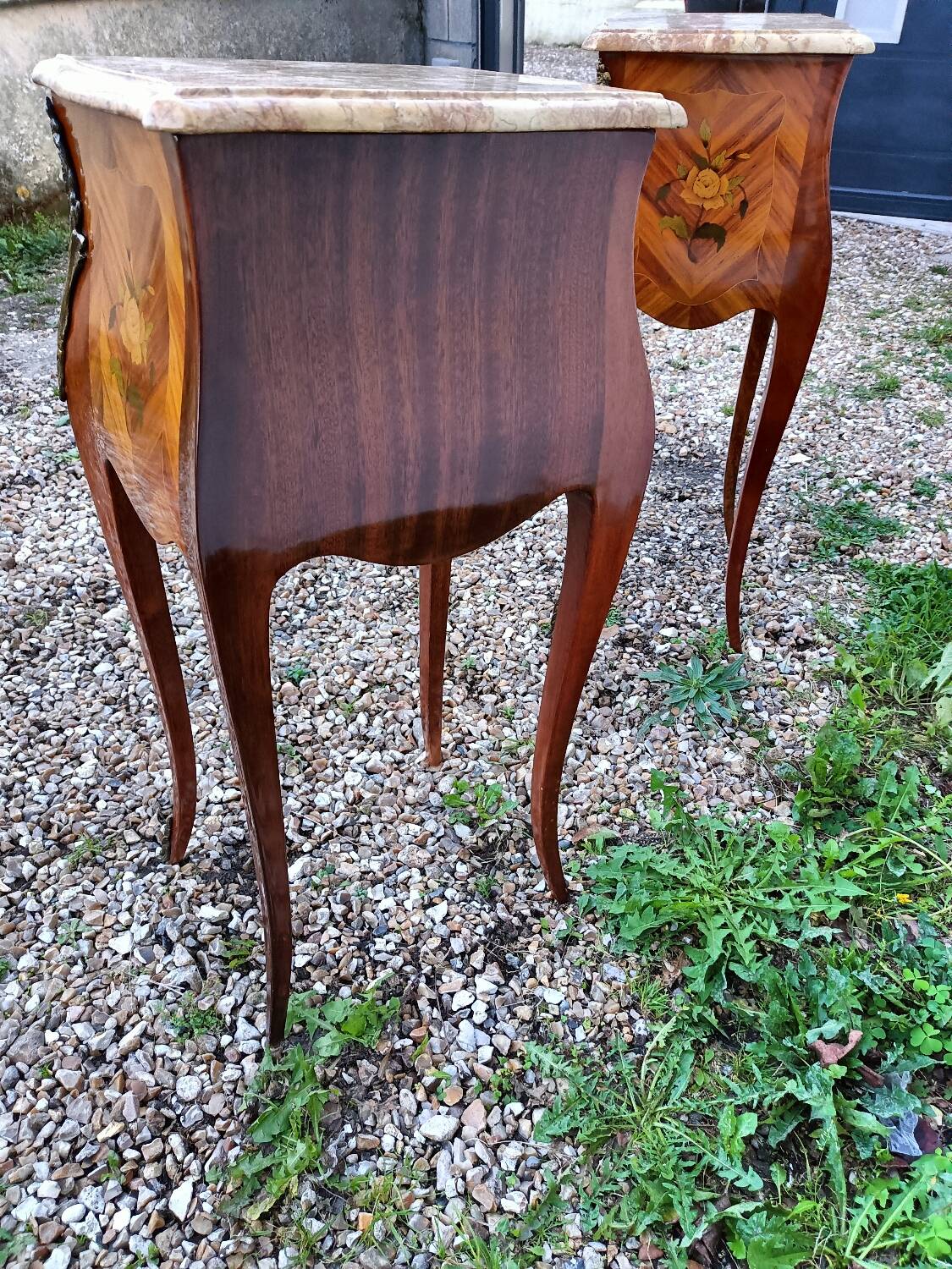 Louis xv style marble top marquetry bedside tables