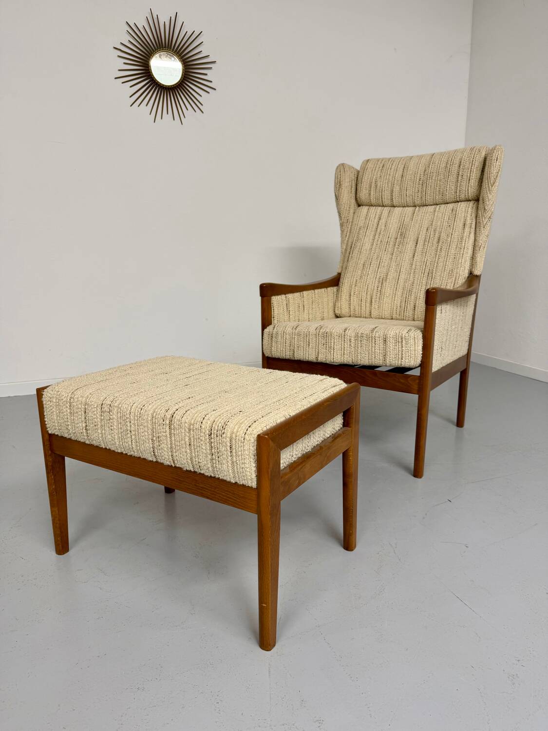 Vintage Casala wingback armchair with ottoman, 1970s design
