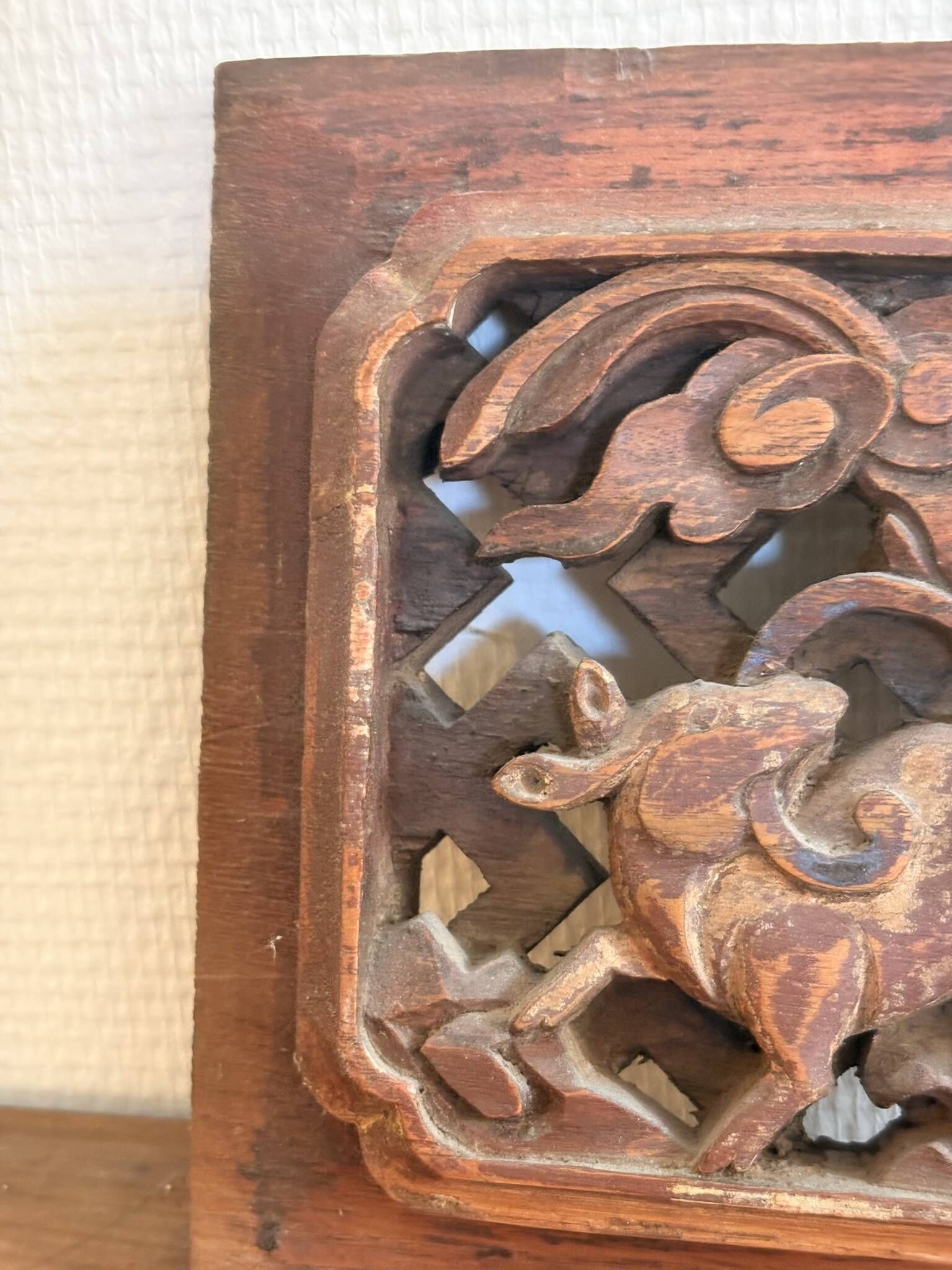 Antique Carved Wood Panel Decor deer Qilin China Asia Qing Republic