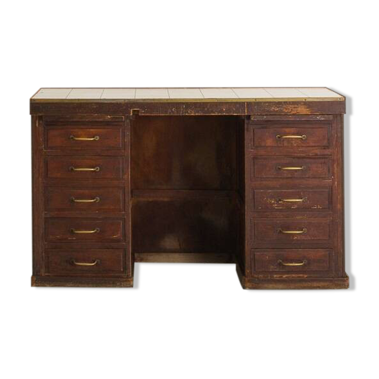 Small vintage stained wooden countertop with 2 shelves and 10 drawers