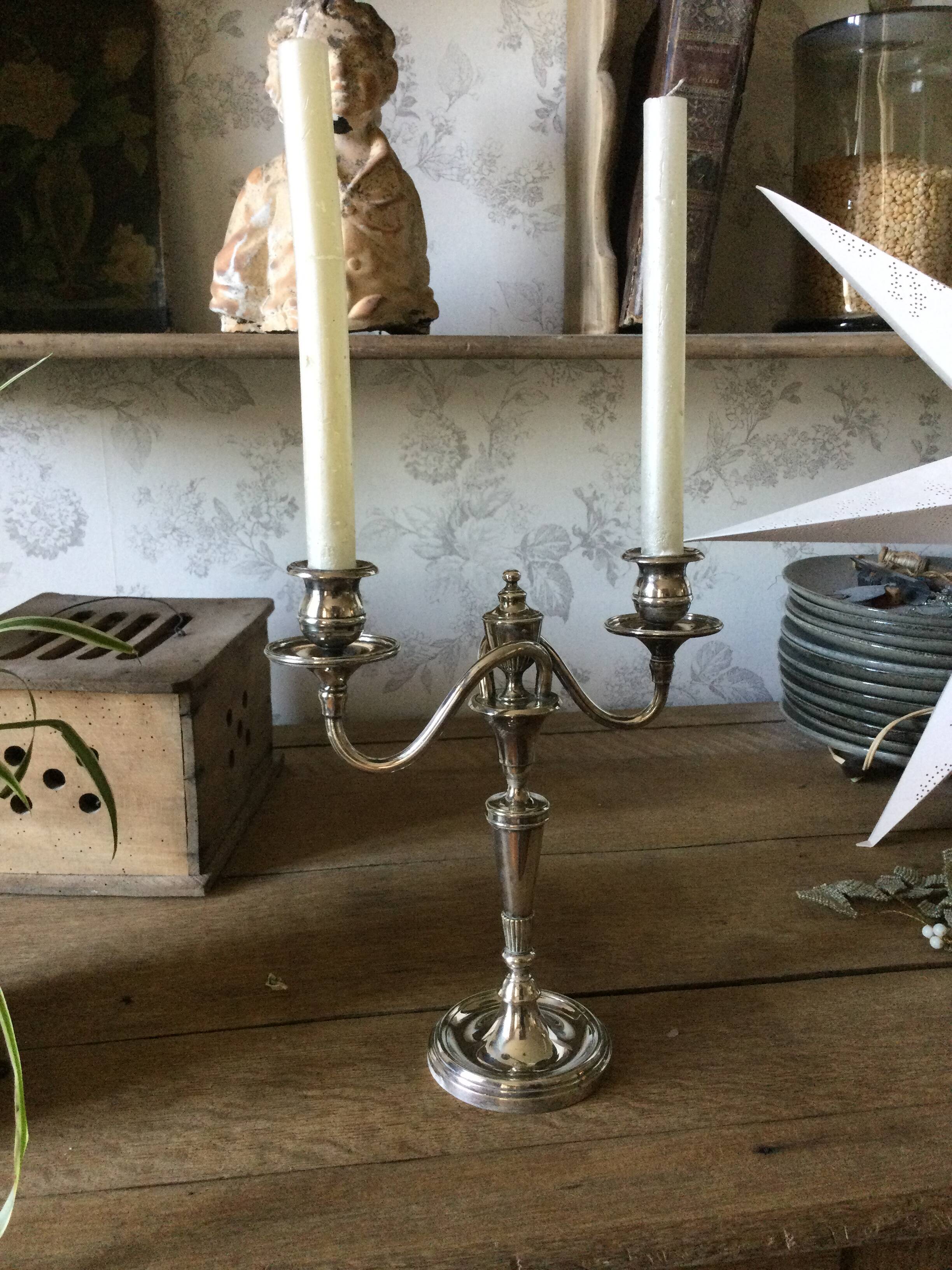Antique silver metal candle holder 2 branches