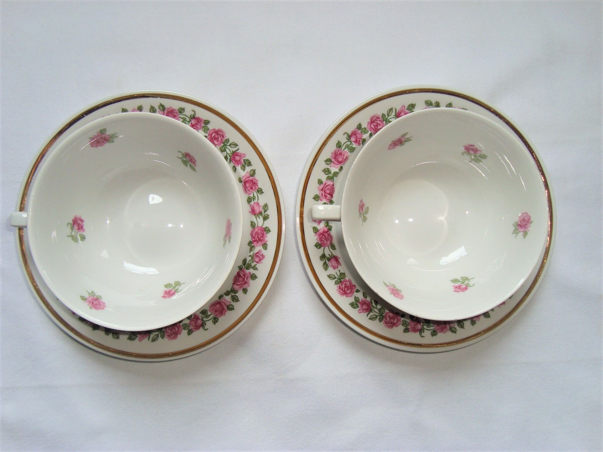 Tea Cups + Saucers Porcelain Pillivuyt White Small Pink Flowers