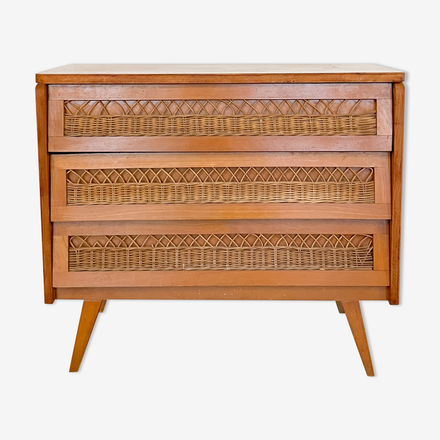 Commode vintage 3 tiroirs en bois et rotin | Selency