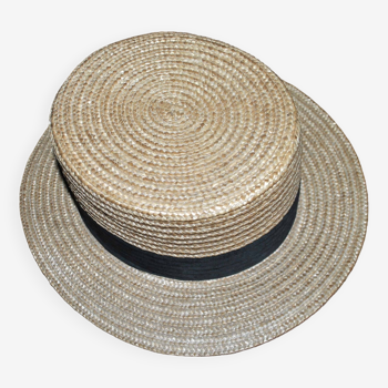 Vintage old boater straw hat in braided straw and black braid T56