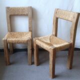 Pair of brutalist chairs in wood and straw