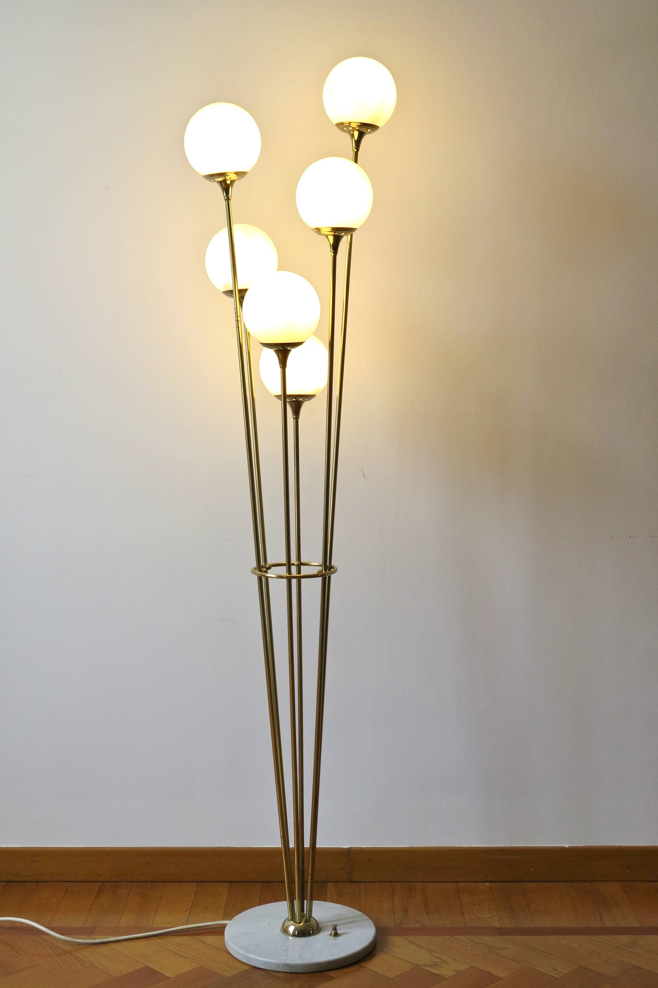 Italian Floor Lamp In Brass, Carrara and Opaline