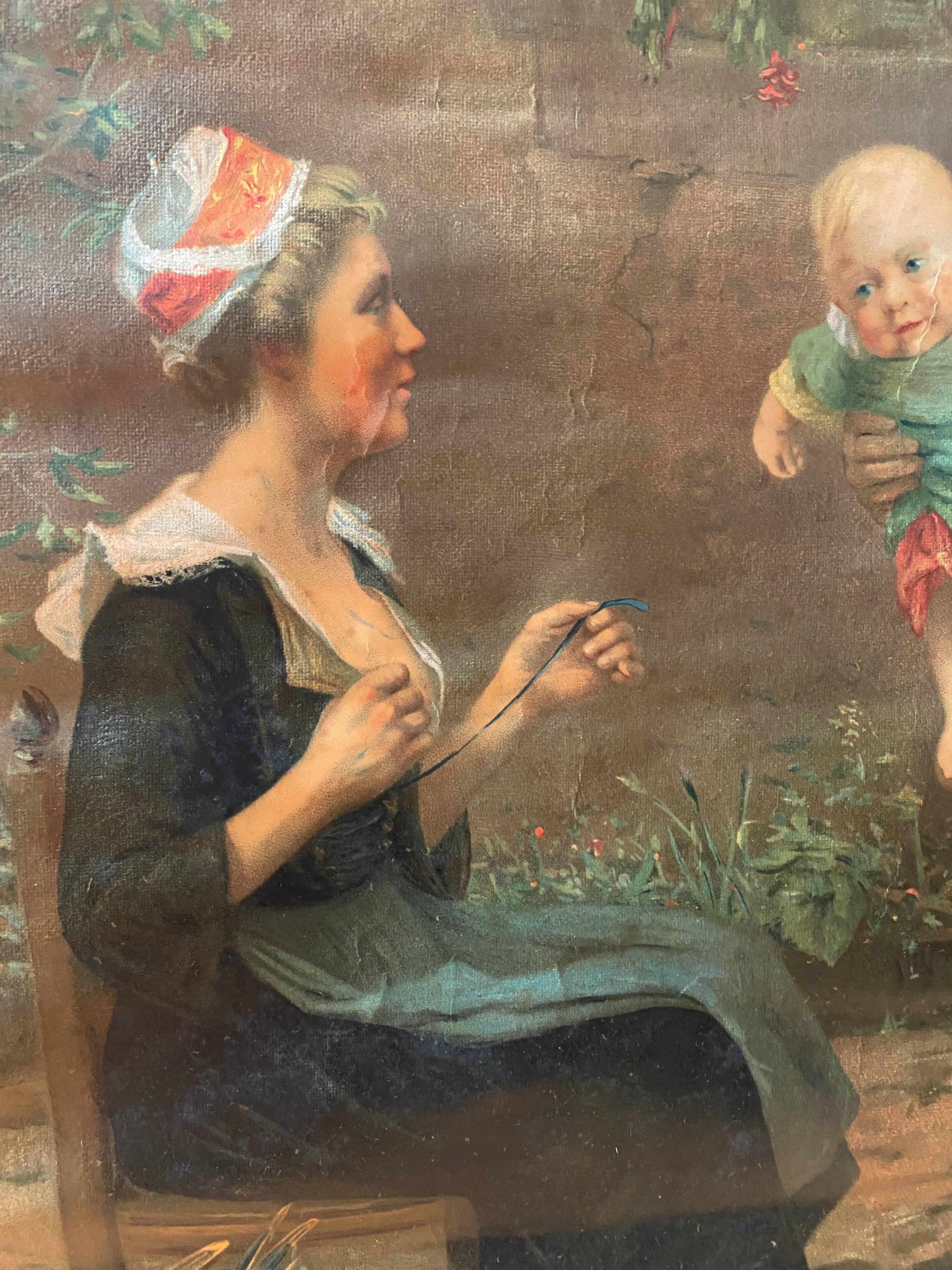 Chromo painting 1900 Breton family Baby fisherman signed