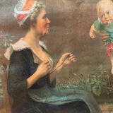 Tableau chromo 1900 famille bretonne pêcheur bébé signé