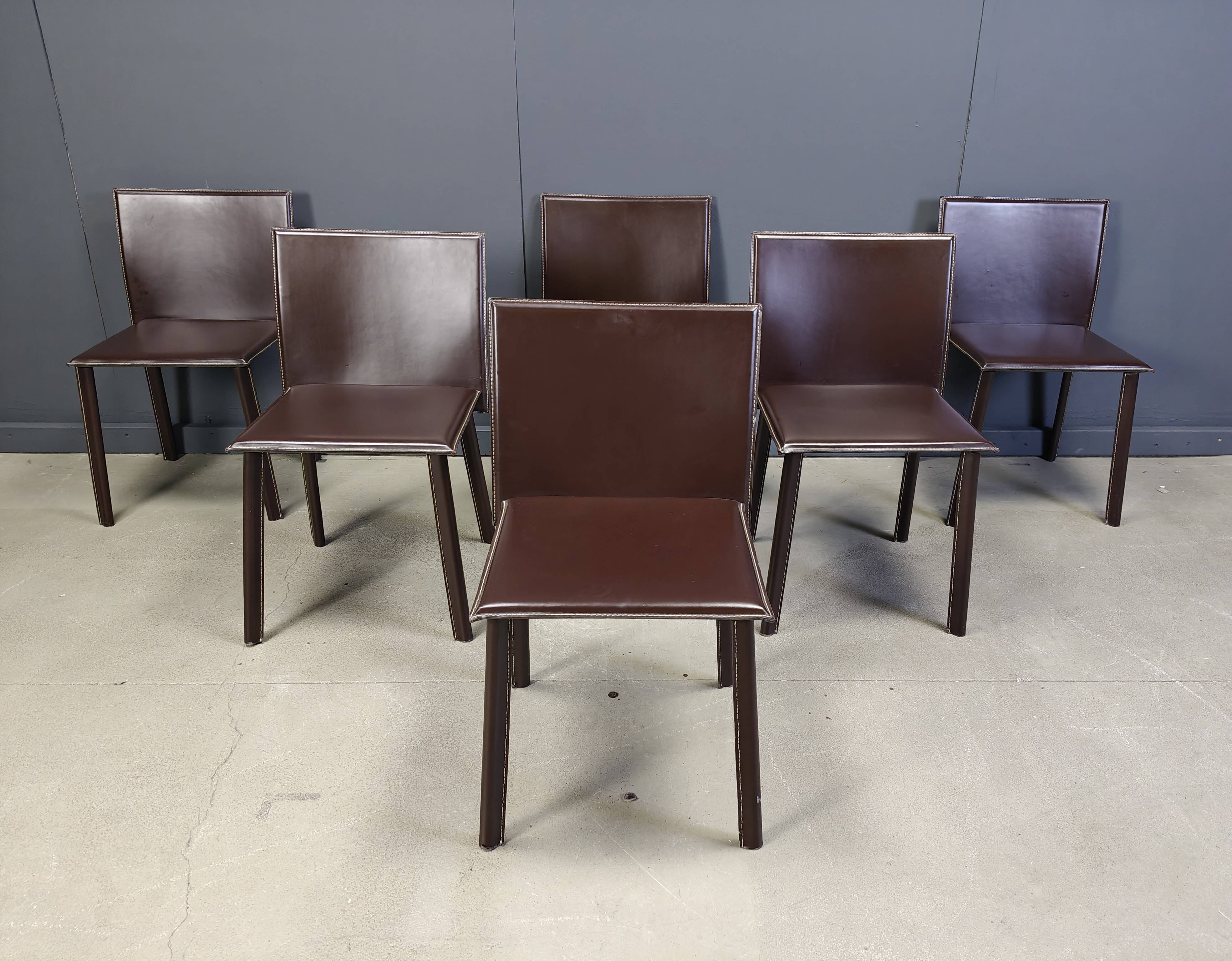 Vintage brown leather dining chairs, set of 6, 1980s